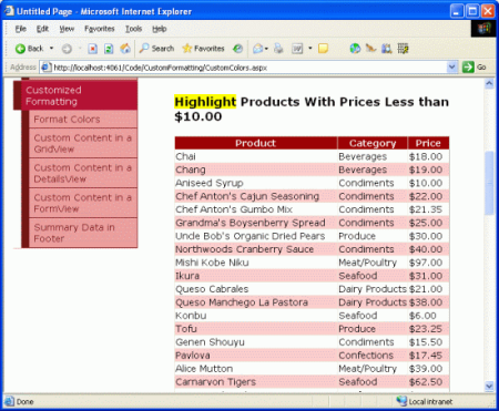GridView visar namn, kategori och pris för varje produkt