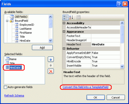 Konvertera HiredDate BoundField till ett TemplateField