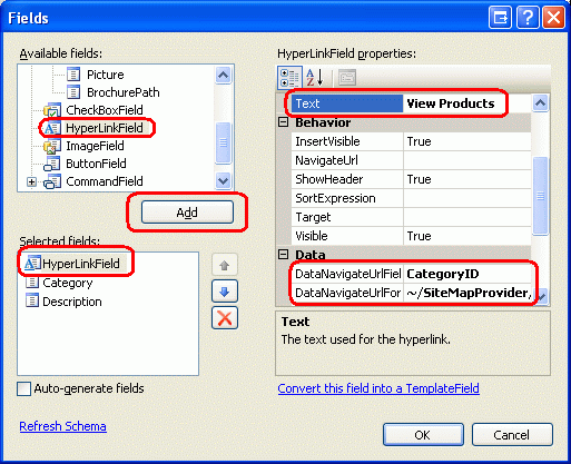 Lägga till ett HyperLinkField i kategorierna GridView