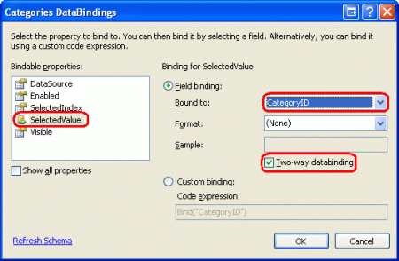Binda CategoryID till DropDownList:ens SelectedValue-egenskapen med Two-Way-databindning
