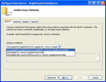 Konfigurera SingleSupplierDataSource ObjectDataSource att använda metoden GetSupplierBySupplierID(supplierID)