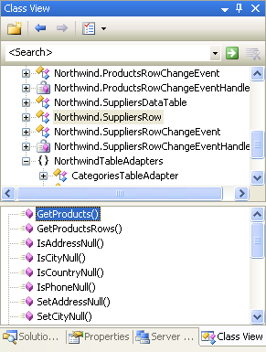 Metoden GetProducts() är nu en del av Northwind.SuppliersRow-klassen