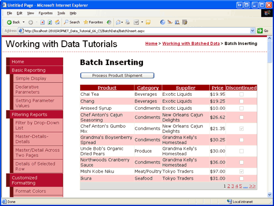 GridView listar produkterna och erbjuder funktioner för sortering och pagination