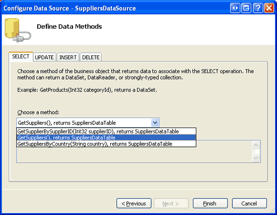 Konfigurera ObjectDataSource för att använda GetSuppliers-metoden från SuppliersBLL-klassen