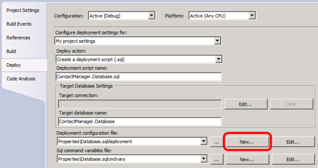 På sidan Egenskaper för databasprojekt går du till fliken Distribuera och klickar på Nytt på raden Distributionskonfigurationsfil.