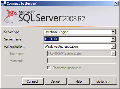 Den här bilden visar: I dialogrutan Anslut till server skriver du namnet på databasservern i rutan Servernamn och klickar sedan på Anslut.