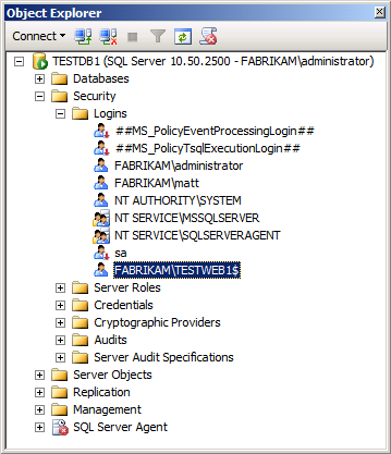 I fönstret Object Explorer expanderar du noden Säkerhet, expanderar noden Inloggningar och dubbelklickar sedan på inloggningen för datorkontot (till exempel FABRIKAM\TESTWEB1$).