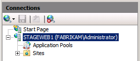 I IIS-hanteraren går du till fönstret Anslutningar och klickar på servernoden (till exempel STAGEWEB1).