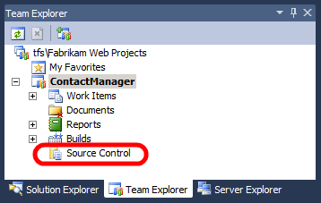 I Visual Studio 2010 expanderar du ditt teamprojekt i fönstret Team Explorer och dubbelklickar sedan på Källkontroll.