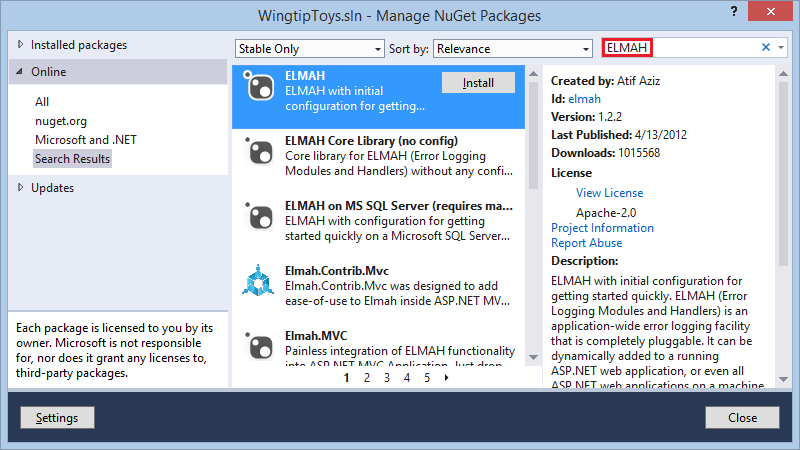 ASP.NET felhantering – ELMA NuGet-paket