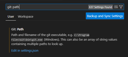 Skärmbild av sökfältet för Visual Studio Code-inställningar för git-sökvägen.