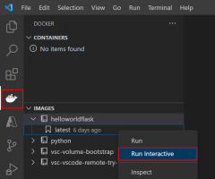 Skärmbild som visar hur du använder Docker-tillägget i VS Code för att köra en container från en Docker-avbildning.