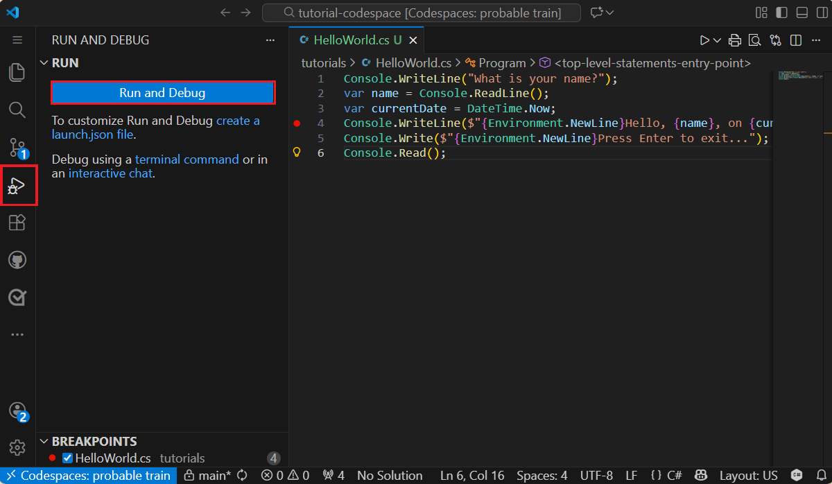 Öppna fliken Felsök i Visual Studio Code