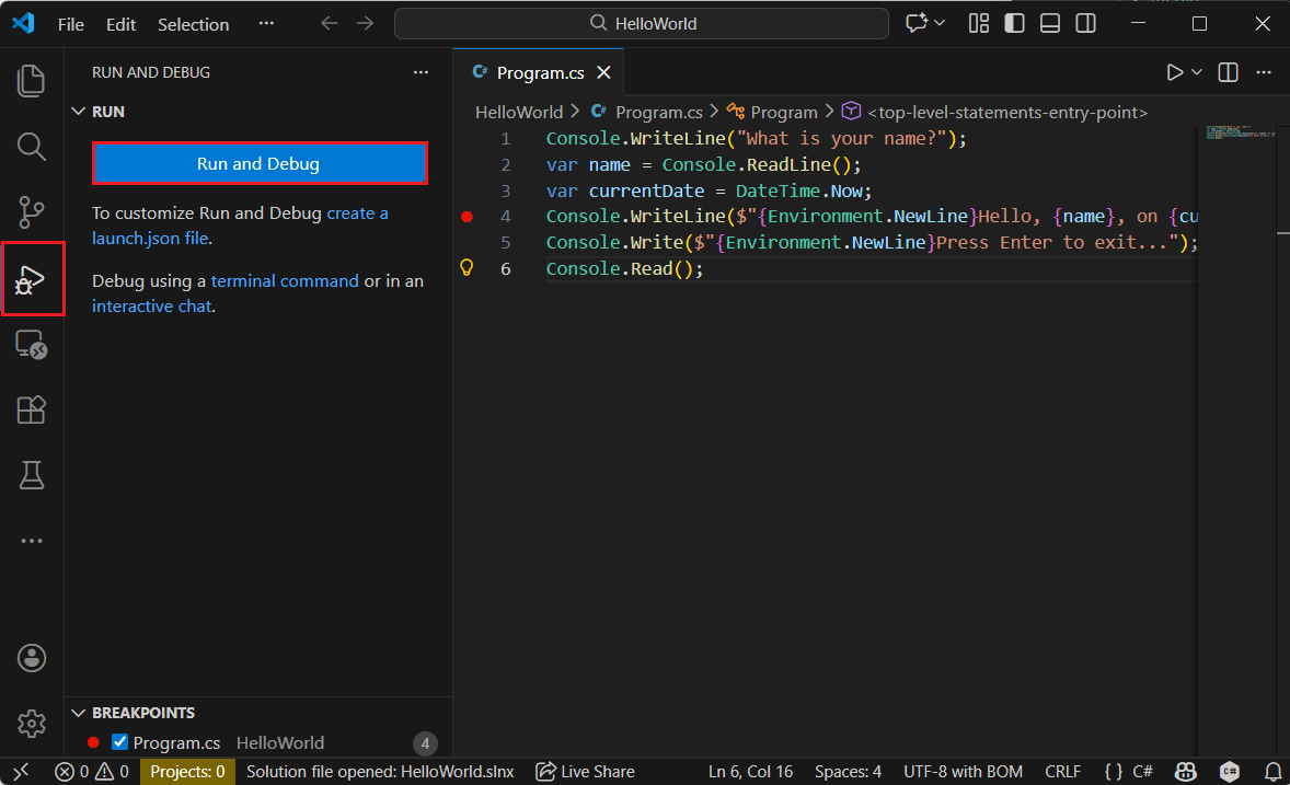 Öppna fliken Felsök i Visual Studio Code