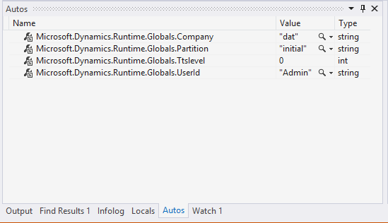 Screenshot of the Autos window showing current company, partition, transaction level, and user ID.
