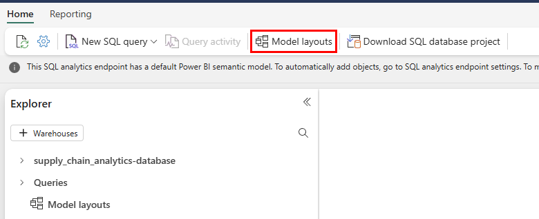Skärmbild från Fabric-portalen i SQL Database Explorer och menyn. Knappen Modelllayouter är markerad.