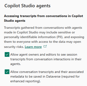 Skärmbild av Copilot Studio-inställningsavsnittet för miljöer i administrationscentret för Power Platform.