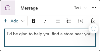 Skärmbild av en meddelandenod på Copilot Studio-redigeringsarbetsytan.