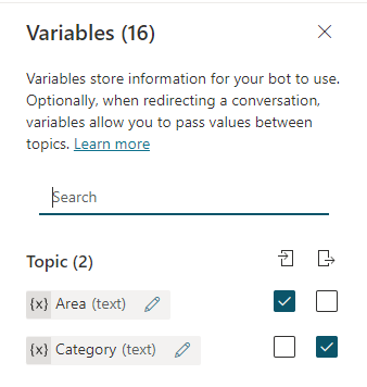Skärmbild av panelen Variabler med två variabler, där en kombination av indata och utdata är markerad.