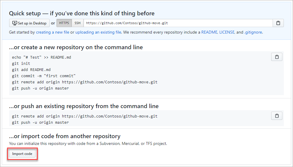 Skärmbild av att importera kod till en GitHub-lagringsplats.