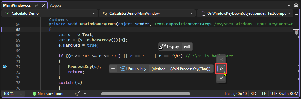 Skärmbild som visar hur du flyttar ett datatips vart som helst i Visual Studio.