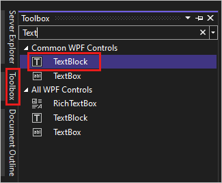 Screenshot som visar fönstret Verktygslåda i Visual Studio 2022 med textblockskontrollen markerad i listan med Common WPF Controls.