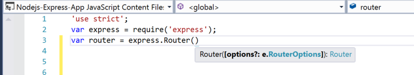 Skärmbild av ett Visual Studio-kodfönster med JavaScript-kod som anges. IntelliSense-information visas för funktionen Router().