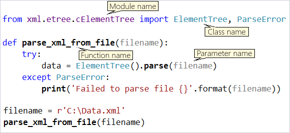 Skärmbild som visar kod- och syntaxfärgning i Visual Studio-redigeraren.