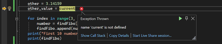 Skärmbild av Visual Studio-felsökningsprogrammet för Python som visar en popup-dialogruta för undantag.