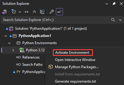 Skärmbild som visar hur du aktiverar en miljö för ett Python-projekt i Visual Studio.